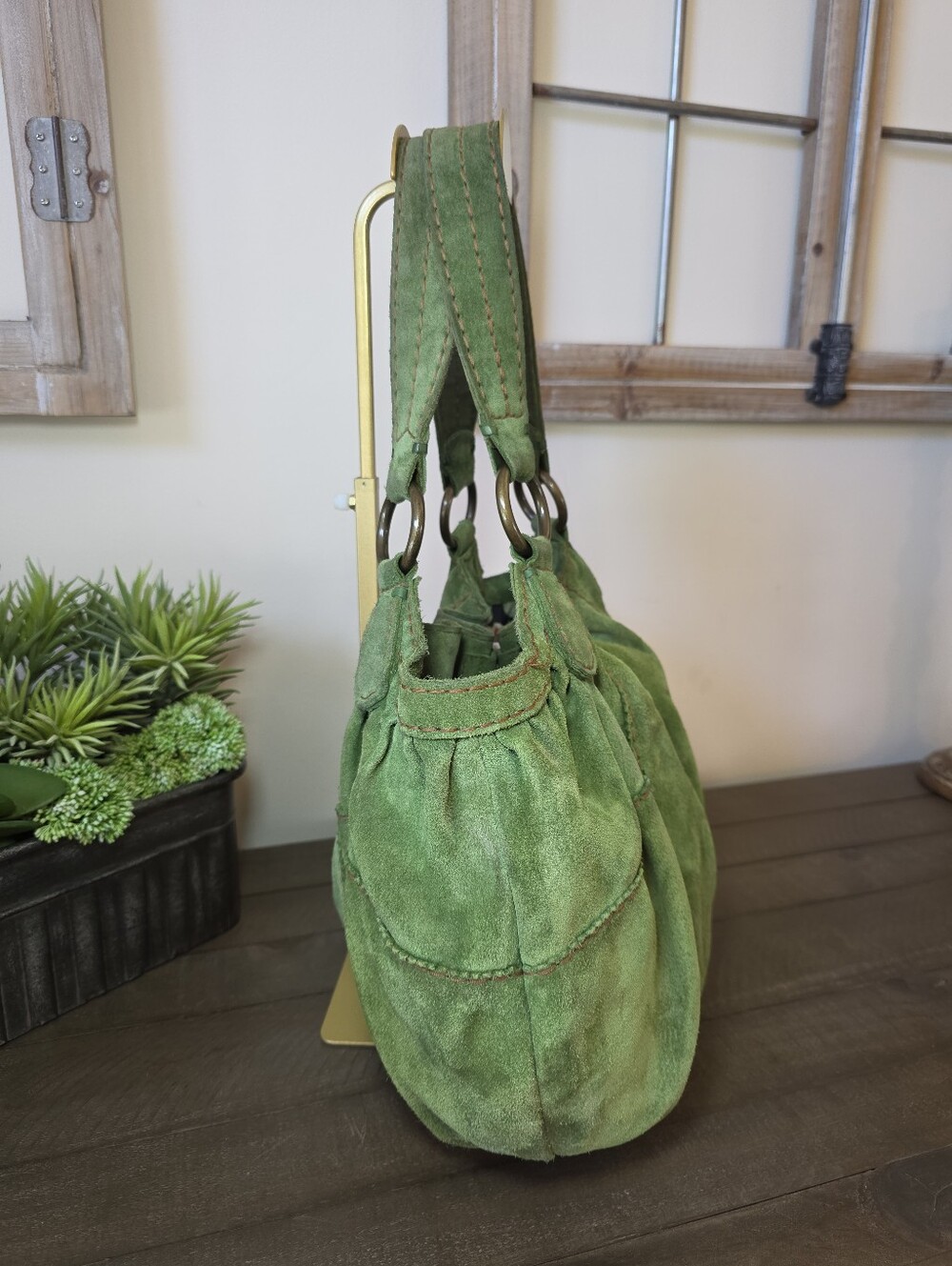 Vintage Lucky Brand Olive Green Suede Hobo Bag Floral Lining - Picture 7 of 14
